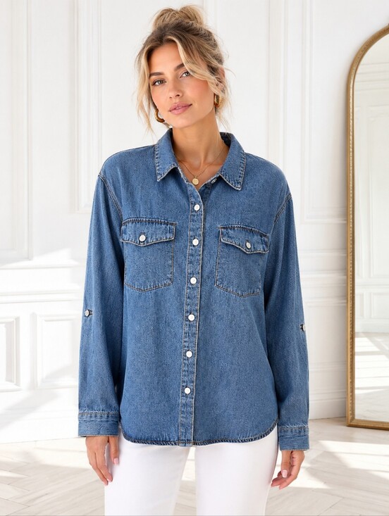 Jane and Delancey Tops - Jane + Delancey | Blue Lyocell Cotton Button-Up Shirt Jacket | Size Large